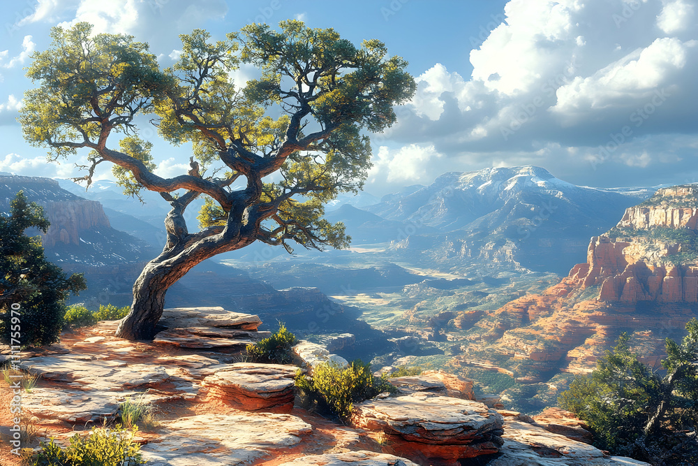 Lone tree on cliff overlooking majestic mountain range and valley. Lone tree on cliff overlooking majestic mountain range and valley.