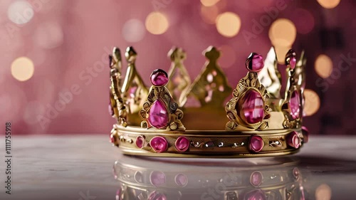 Golden crown with pink stones on a pink background