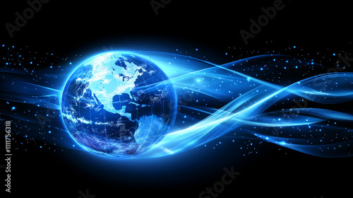 Western hemisphere. Abstract digital isolated Earth. Technology polygonal globe on dark background. Futuristic vector illustration. Sci fi blue planet. 