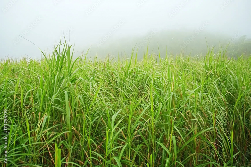 Obraz premium Green grass sways gently in the misty morning light
