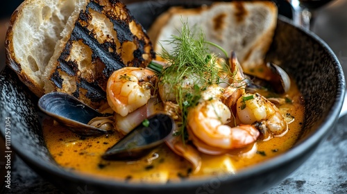 Close-up of Bouillabaisse Seafood Soup with Fish, Fennel, Clams, Shrimp, Muscles, Grilled Bread, and Wine.