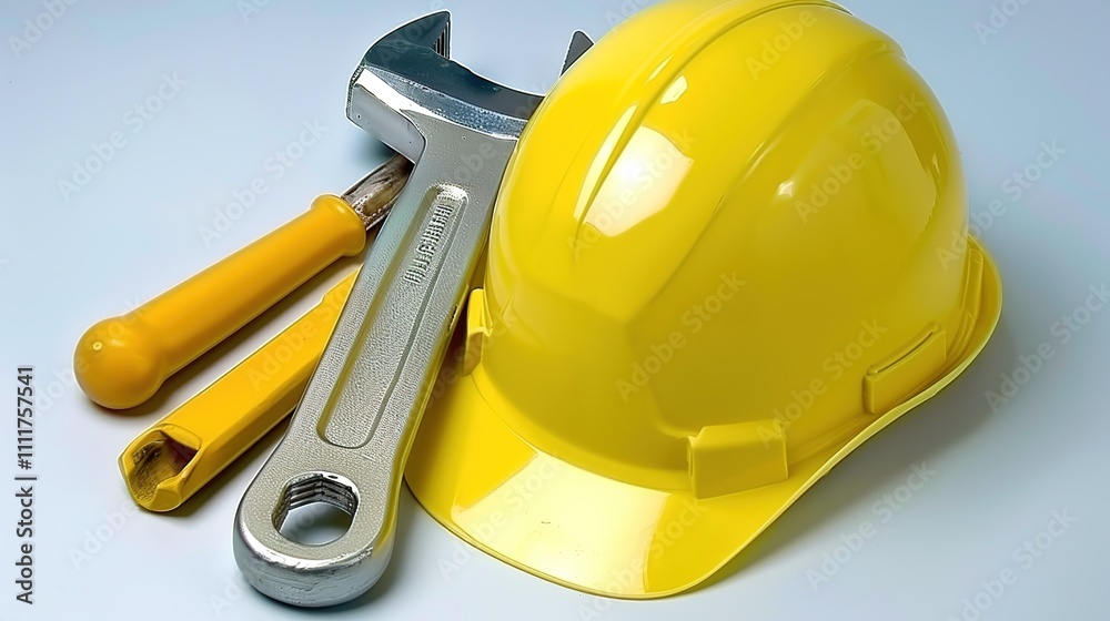 Fototapeta premium Yellow Hard Hat and Tools - A Symbol of Construction and Work Readiness. The Bright Yellow Hard Hat Paired with Assorted Tools, Representing the Preparedness and Essential Equipment for Construction 