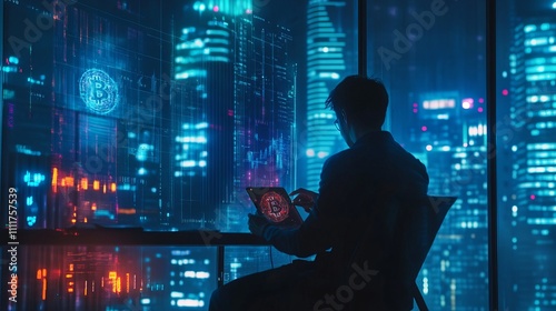 Theme for cryptocurrency trading with a smartphone user.