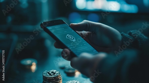 Theme for cryptocurrency trading with a smartphone user.