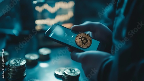 Theme for cryptocurrency trading with a smartphone user.