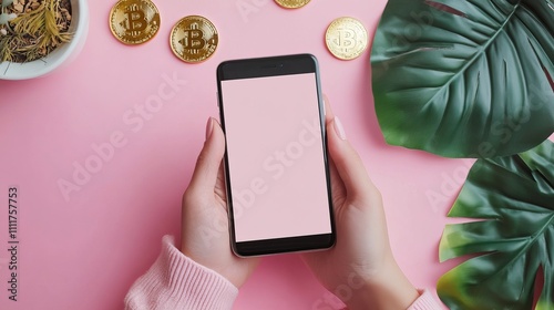 Theme for cryptocurrency trading with a smartphone user.