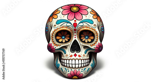 Decorative sugar skull with multicolored floral and geometric patterns on a white background