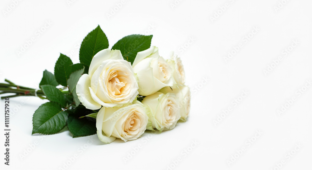 Close-up of white roses with green leaves arranged neatly against a white backdrop Close-up of white roses with green leaves arranged neatly against a white backdrop