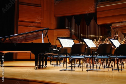 Concert hall stage, piano, chairs, music stands, brass instruments.