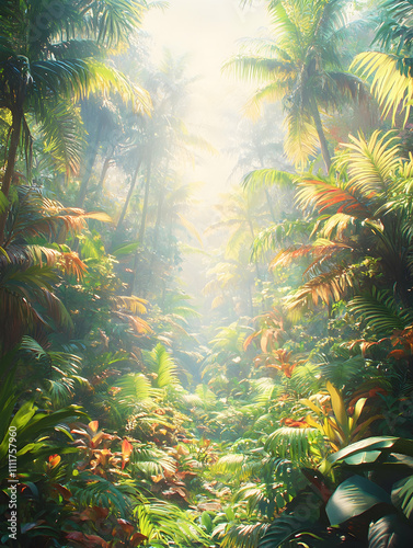 Lush tropical rainforest path with sunlight streaming through canopy.
