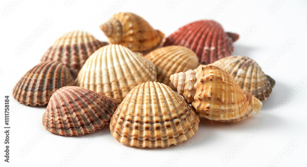 A variety of textured seashells arranged in a light, natural setting A variety of textured seashells arranged in a light, natural setting