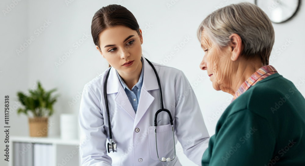 Young female doctor explaining health details to an elderly woman during a consultation Young female doctor explaining health details to an elderly woman during a consultation