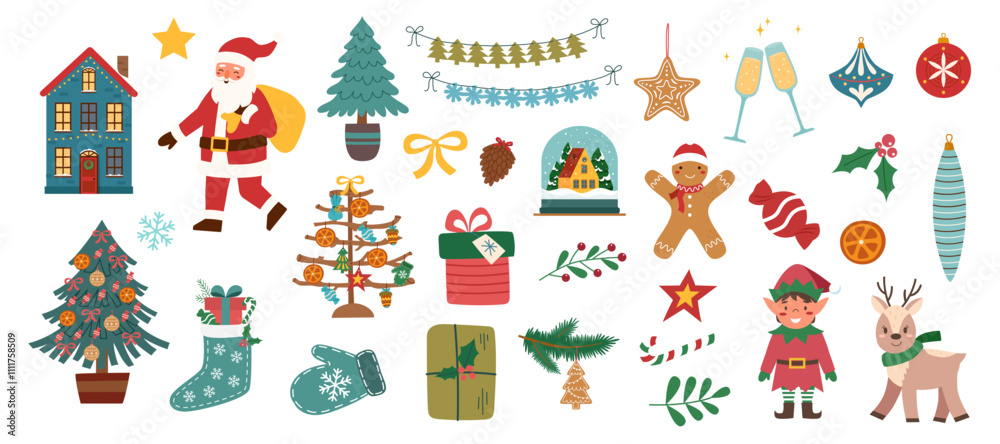 Set of Christmas objects isolated on white background. Christmas elements collection. Vector clipart. Set of Christmas objects isolated on white background. Christmas elements collection. Vector clipart.