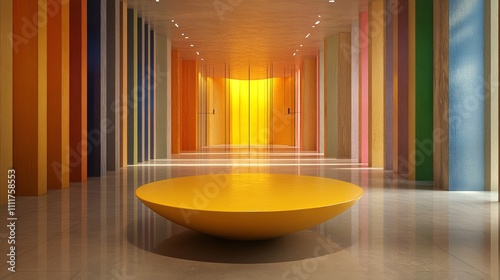 A modern minimalist interior space with a smooth yellow pedestal at the center, in a vividly colored environment
