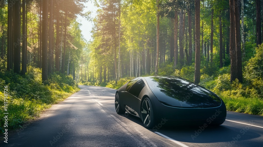 EV, electric, or hydrogen-powered vehicle on a road in the middle of a forest or other natural area. eco-friendly travel. Green logistics and sustainable transportation may help save the planet.