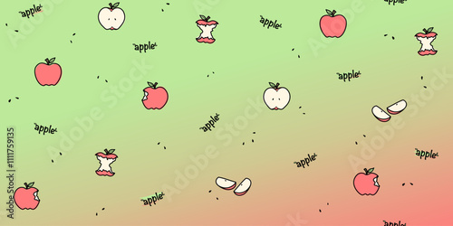 Fresh ripe red apples seamless pattern. Slices and whole Doodle drawn apple. Summer autumn harvest garden background. Healthy fruit concept.