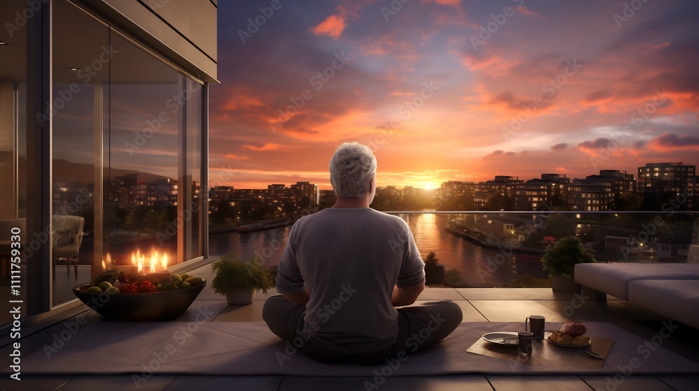 A man sitting in a cross legged meditation pose on a yoga mat practicing mindfulness and relaxation techniques by an open window with natural light streaming in A man sitting in a cross legged meditation pose on a yoga mat practicing mindfulness and relaxation techniques by an open window with natural light streaming in