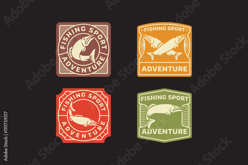 northern pike fish with various poses vintage badge logo design set. northern pike fish with some poses retro illustration emblem design element collection for fish shop, fishing sport and competition photo