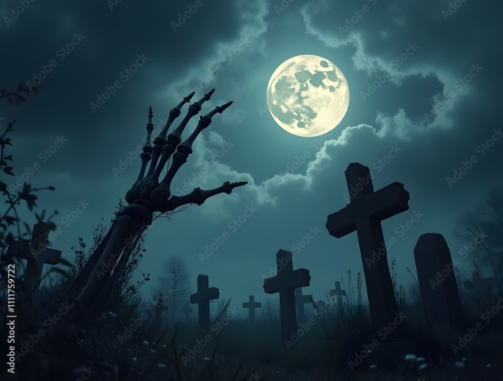 Nightmarish Graveyard Scene: Skeleton Hand Emerging from Tomb Under Full Moon Nightmarish Graveyard Scene: Skeleton Hand Emerging from Tomb Under Full Moon