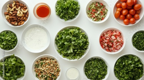 Fresh Salad Ingredients in Bowls on White Surface