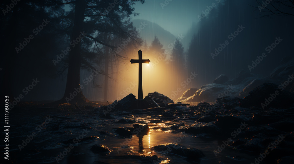 Φωτογραφία Silhouettes of crucifix symbol on top mountain with bright sunbeam on the colorf