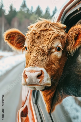 An unusual passenger: a cow sticking its head out of a car window photo