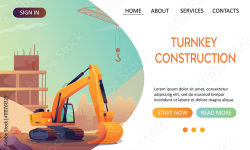 Vector illustration of a construction website with an excavator and a tower crane against the background of unfinished buildings. Homepage design with buttons and navigation  
