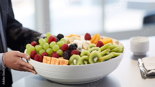 Top down view of a busy individual selecting various fresh fruits from a bowl to prepare a healthy and nutritious morning smoothie focusing on a balanced and wellness oriented lifestyle photo