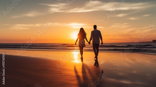 Enchanting Sunset Stroll Couple s Romantic Beachside Retreat as They Savor the Tranquil Waves and Serene Atmosphere Hand in Hand