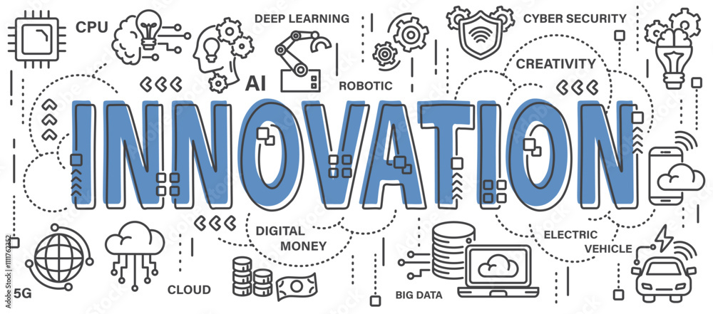Innovation . Word with line icon art banner style . Editable stroke . Vector . Innovation . Word with line icon art banner style . Editable stroke . Vector .