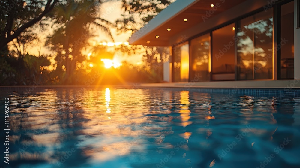 Fototapeta premium A serene sunset reflecting on a tranquil pool beside a modern home.