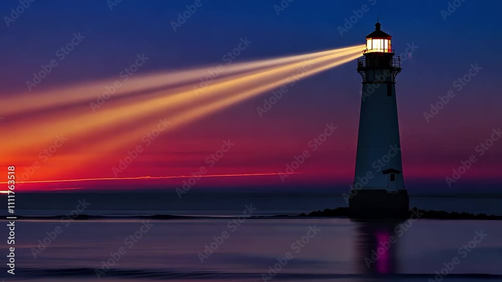 A lighthouse at sunset, casting beams of light over calm waters with vibrant colors in the sky.