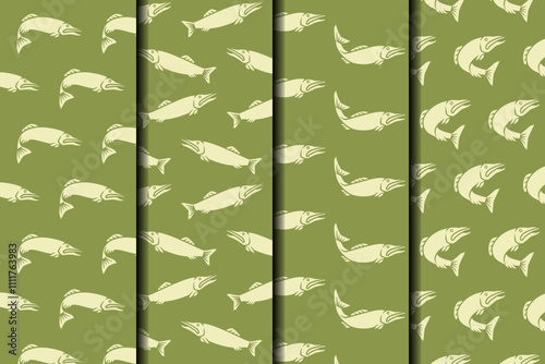 northern pike fish with some poses silhouette seamless pattern on green background set. sea northern pike fish vector illustration pattern background for fish shop, fishing sport, restaurant seafood