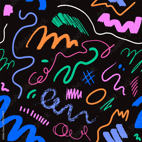 Seamless scribble pattern with colored doodles, squiggles and brushstroke drawings. Abstract repeating texture, endless background for wrapping, textile design. Modern hand-drawn vector illustration