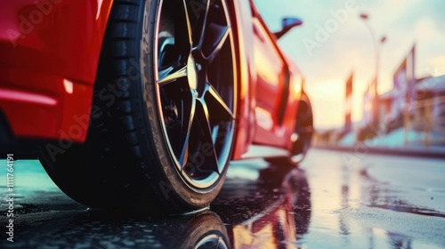 Camber sports car wheels, close up. Low riding sports car