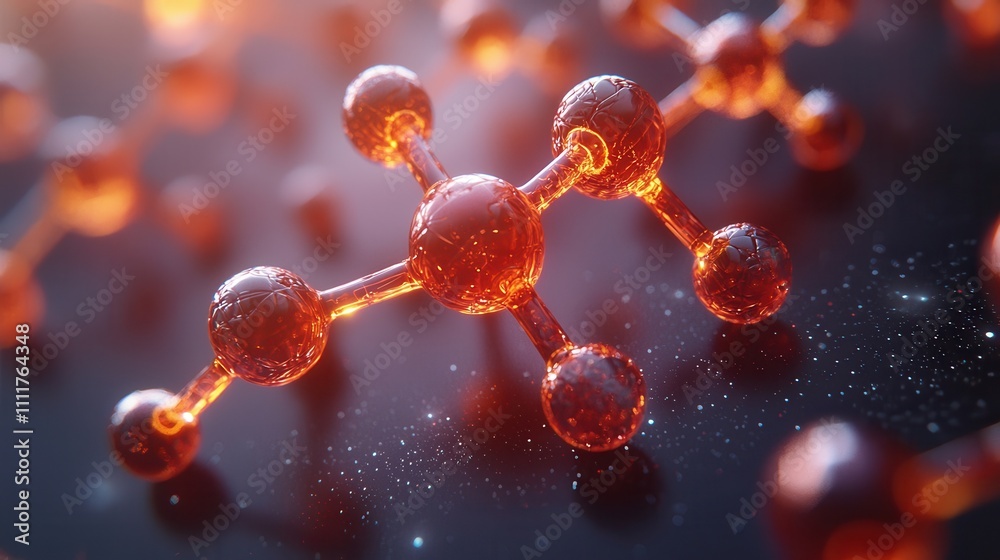 3D Rendering of Abstract Molecule Structure with Glowing Particles in Workspace 3D Rendering of Abstract Molecule Structure with Glowing Particles in Workspace