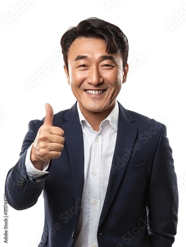 Happy Asian Businessman Giving Thumbs Up Success Positive