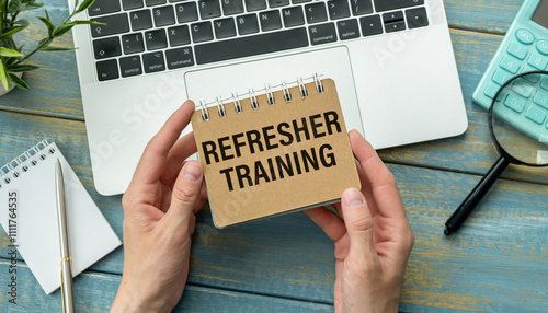 Foto Refresher Training text on paper on wooden background