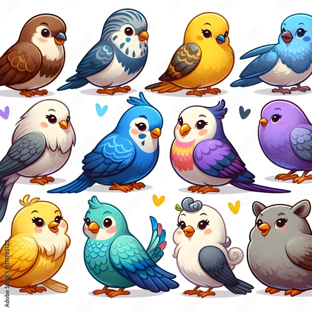 Fototapeta premium Colorful set of cartoon birds - brown sparrows, blue parakeets, white doves, yellow titmouse and grey pigeons. Feathered characters couples in different ... See More (3)_Nero AI_Photo