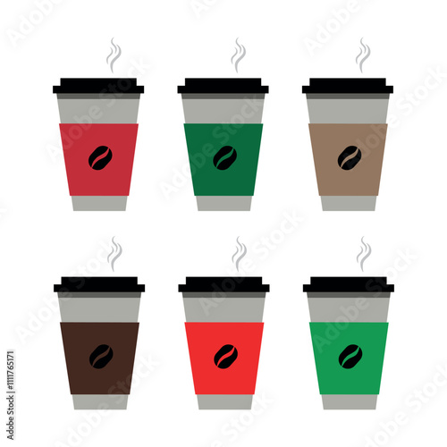 Hot drink icon in a paper cups . Disposable coffee cups icon with coffee beans and steam.  Coffee icons.