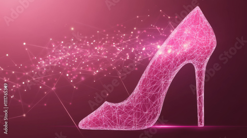 Fashion low poly wireframe vector banner template. Polygonal 3D female high heel. Footwear designer workshop, store mesh art illustration. Pink stiletto shoe connected dots with lines  photo