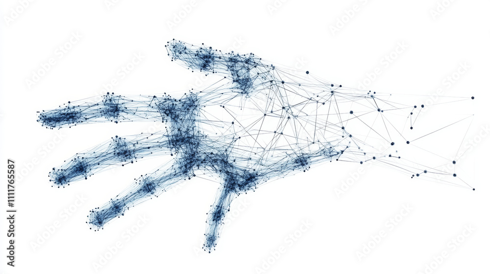 Fototapeta premium Human palm or wrist. Isolated black vector illustration in low-poly style on a white background. The drawing of hand consists of thin lines and dots. Polygonal image on topic of anatomy. Low poly EPS.