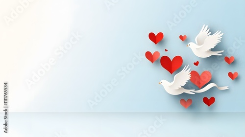 Pair of doves carrying a ribbon in a watercolor sky filled with floating paper cut hearts photo