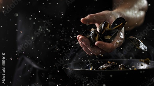 Black background, chef is cooking mussels with spices and herbs on the stove photo