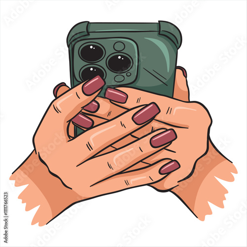 Vector illustration of hands with manicured nails holding a smartphone with a green protective case, isolated on a white background.  
