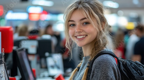 A smiling young woman in a busy environment, possibly a store or mall.