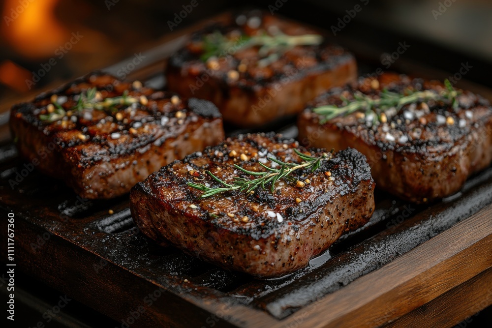 Grilled steaks seasoned with herbs on a wooden serving tray. Grilled steaks seasoned with herbs on a wooden serving tray.