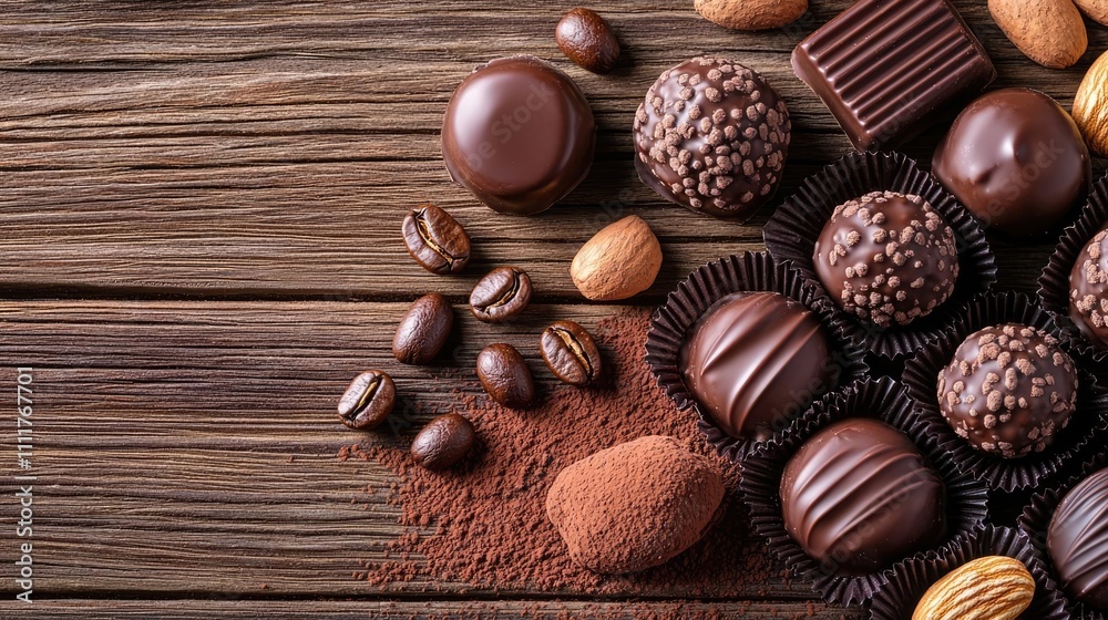Assorted gourmet chocolates, nuts, and cocoa powder on rustic wooden background. Assorted gourmet chocolates, nuts, and cocoa powder on rustic wooden background.
