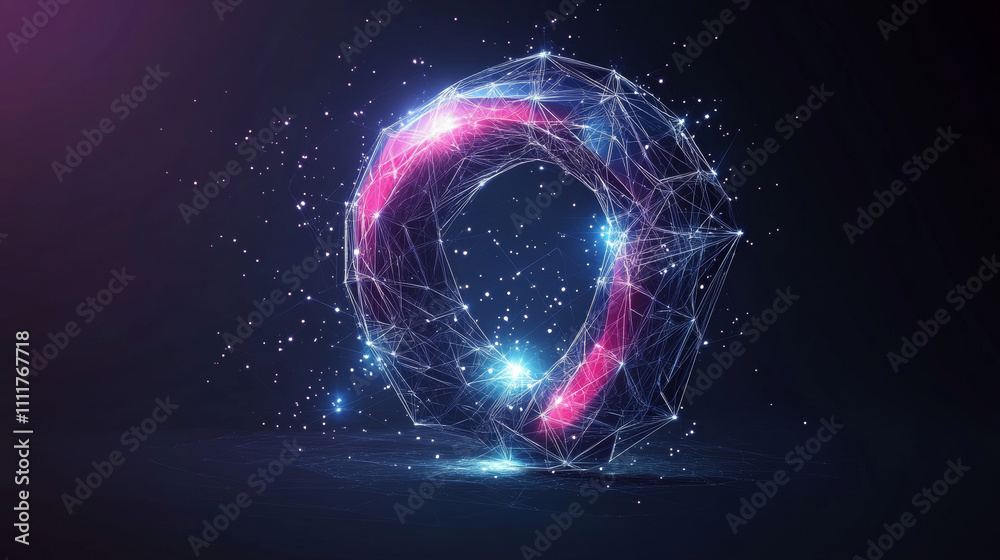 Obraz premium Vector isolated colorful magnet. Low poly wireframe and points. Polygonal 3D white attraction concept on dark background. loadstone with geometry triangle. Abstract business mash line origami