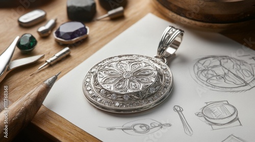 Elegant Silver Pendant with Intricate Flower Design and Tools photo